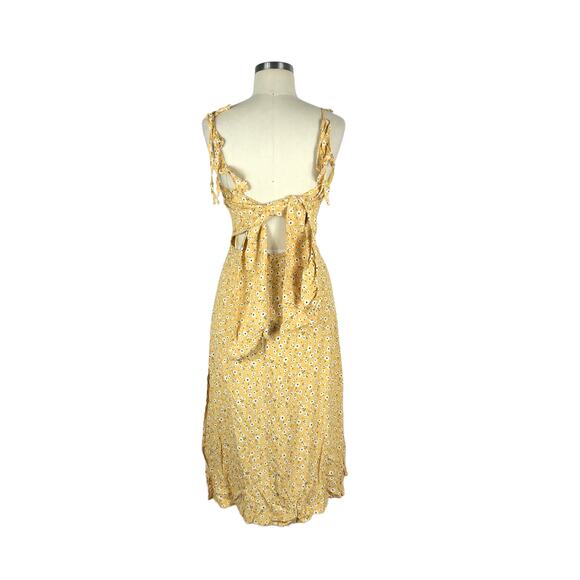 SKYLAR + MADISON Dress Yellow Floral Pattern Midi Dress Tie Back Ruffles Boho M - Picture 3 of 6